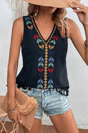 JUST BE YOU BOHO EMBROIDERED TASSEL SLEEVELESS TOP - 4 COLORS
