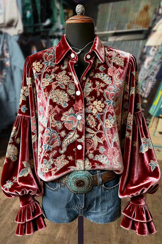 Vintage Floral Print Velvet Top