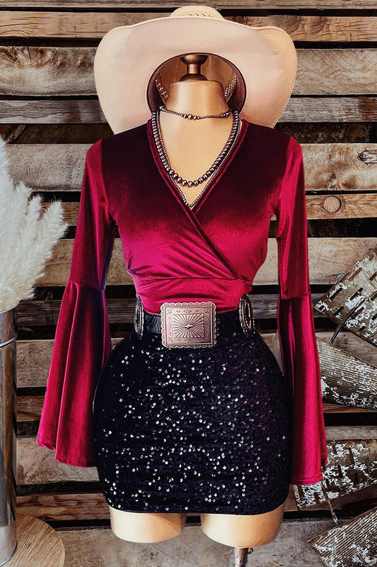 Vintage V-Neck Flared Sleeve Velvet Blouses