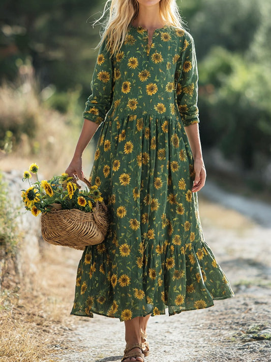 Women's fashionable floral print round neck pleated mid-length sleeve cotton linen dress