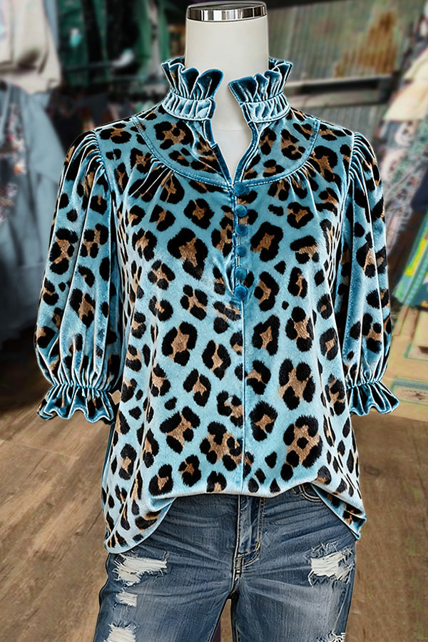 Leopard Print Ruffle Neck Velvet Top