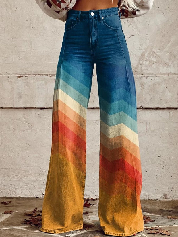 Women's Orange And Blue Stripes Print Casual Wide Leg Pants