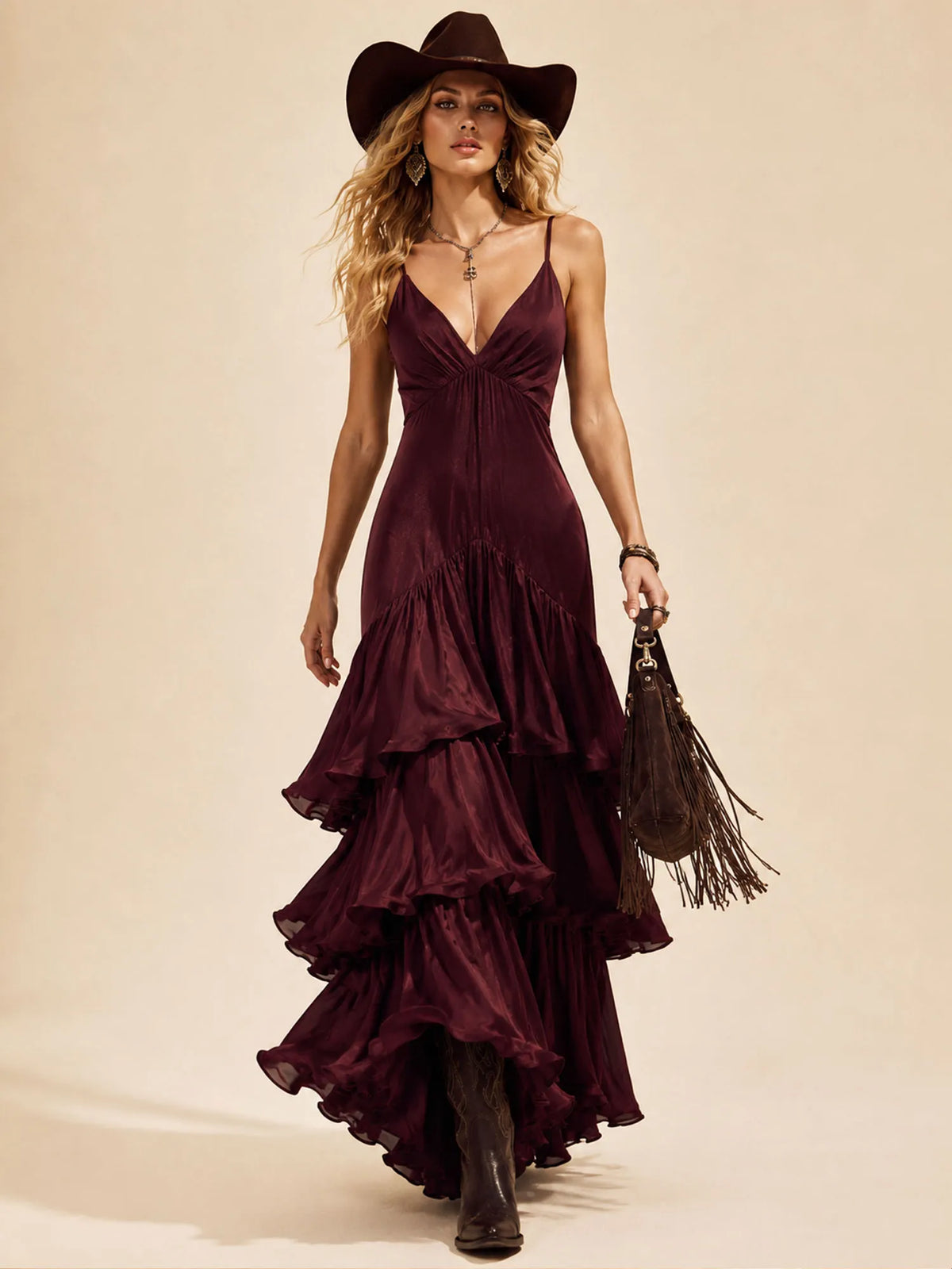 Perfect for Upscale Ranch Dinner — Deep Burgundy, Elegant V-Neck and Layered Hem, 2026 Spring/Autumn Women's Boho Chic Maxi Dress