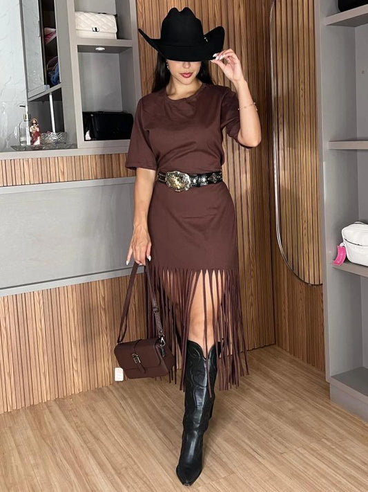 Vintage Solid Color Hem Tassels T-Shirt Dress- Brown & Black