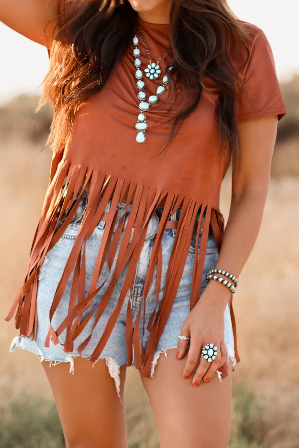 Pretty Fringed Hem Short-Sleeved Top