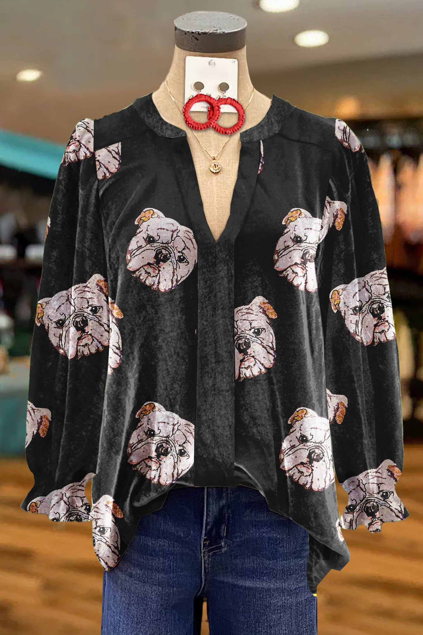 Velvet Georgia Bulldog Print V-Neck Top