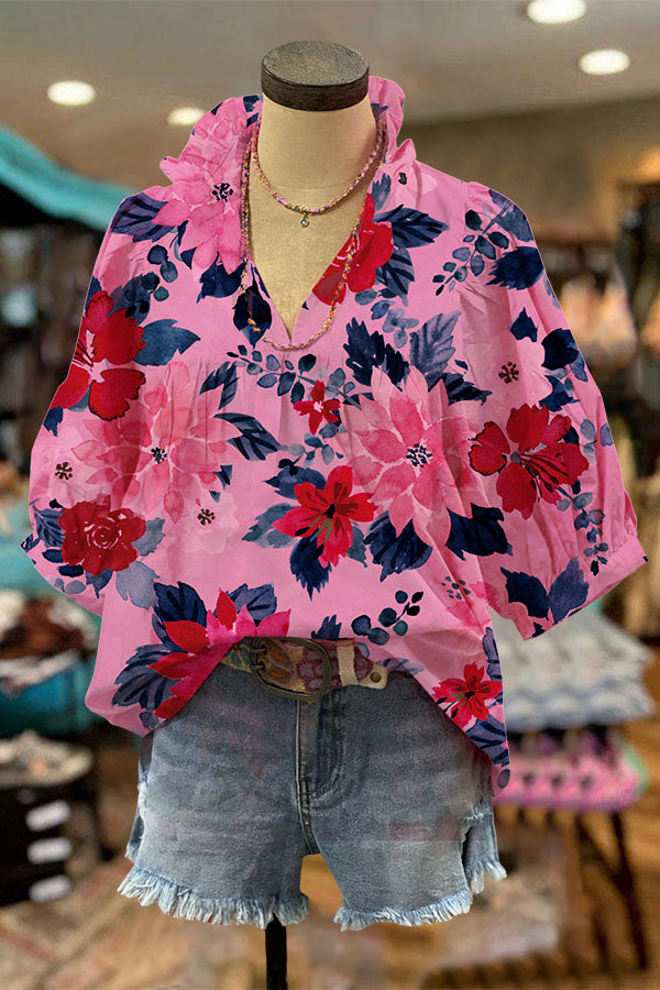 Watercolor Floral Ruffle V-neck Blouse