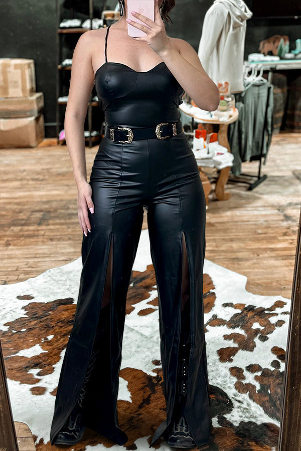 Vintage Faux Leather Leg Slit Jumpsuit