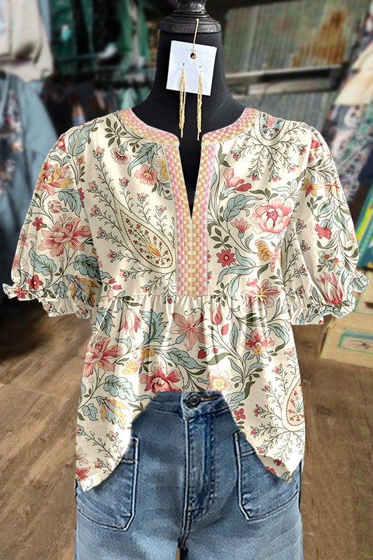 Vintgae Floral Print Puff Sleeve Top