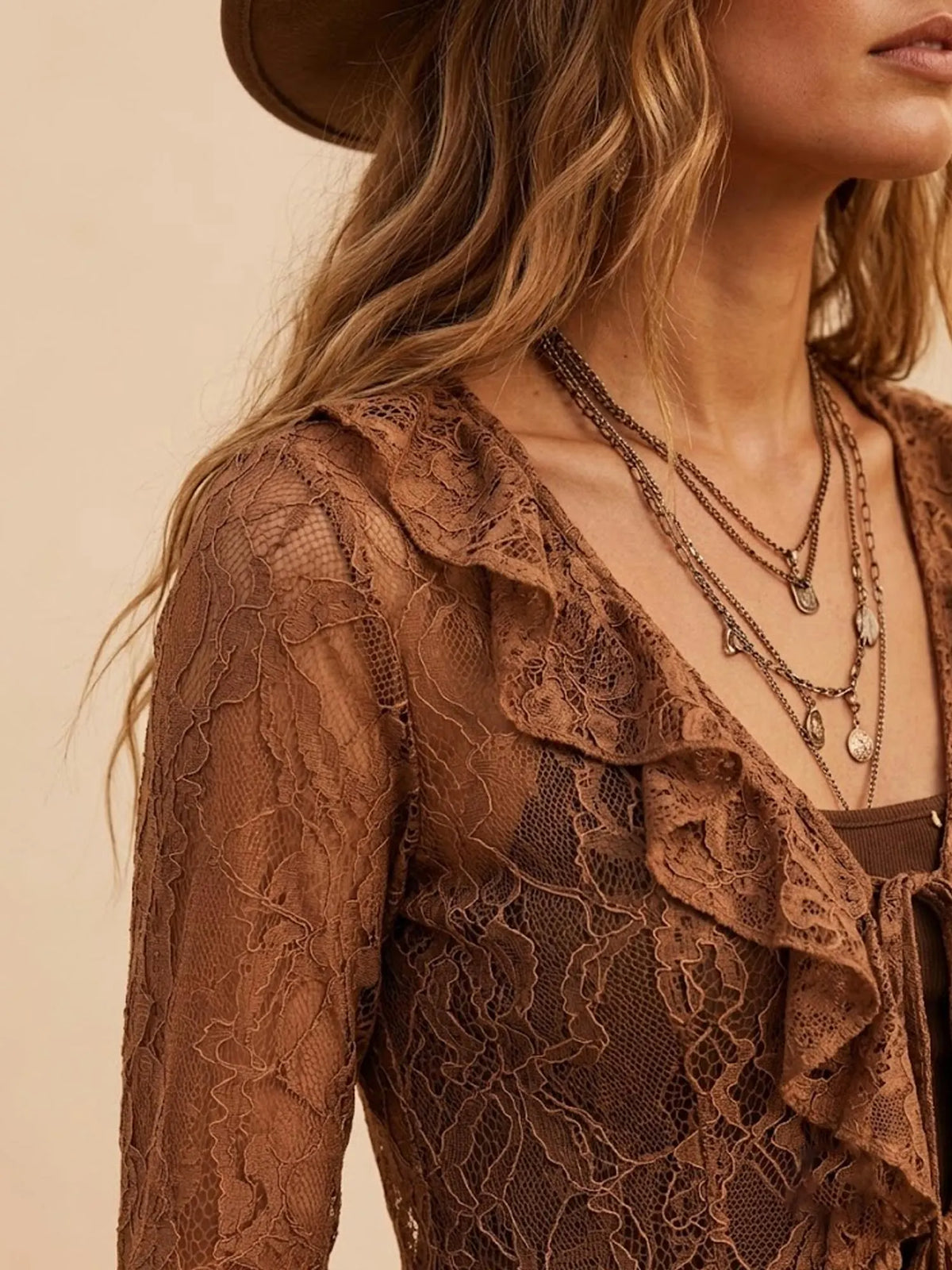 Perfect for a Western Music Festival & Outdoor Party — Women's Brown Tie-Front Ruffled Sheer Lace Duster Cardigan