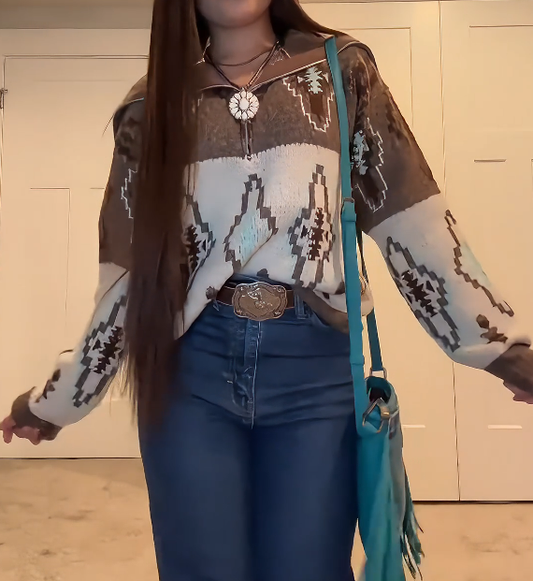 Vintage Western Aztec Zip-Up Sweater