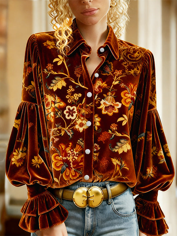 Vintage Floral Print Lantern Sleeve Velvet Top