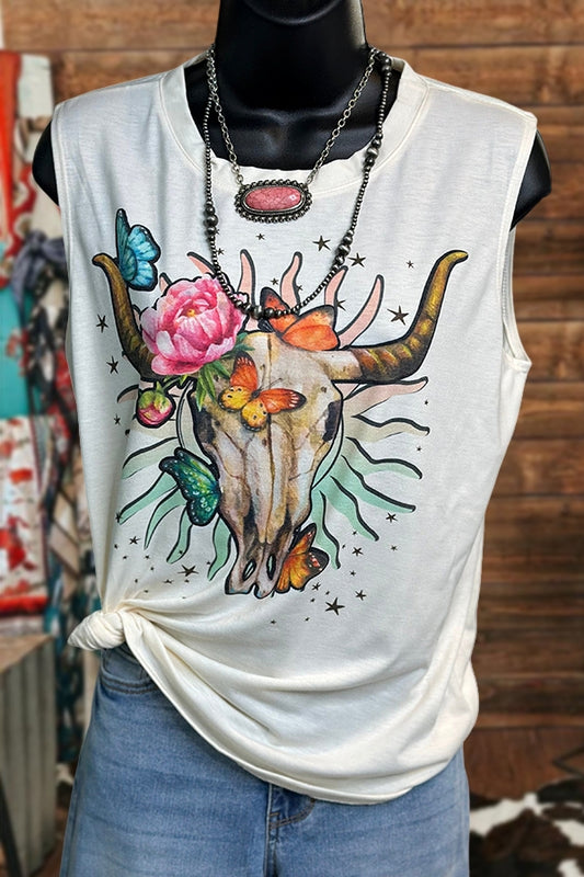 Western Cow Skull Flower Print Tank