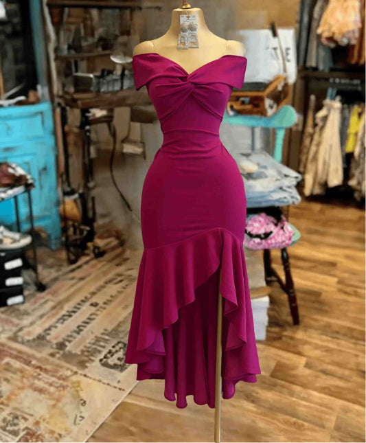Vintage Solid Color Elegant Off Shoulder  Dress