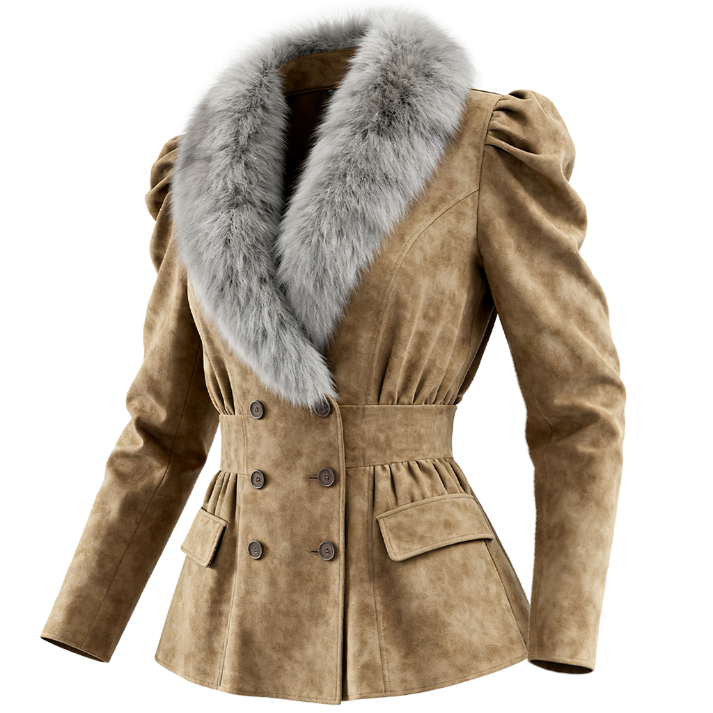 Women's Elegant Double-breasted Ruffled Khaki Suede Coat With Fur Collar