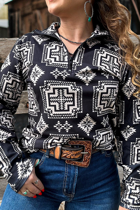 Retro Western Aztec Print Zip-Up Sweatshirt