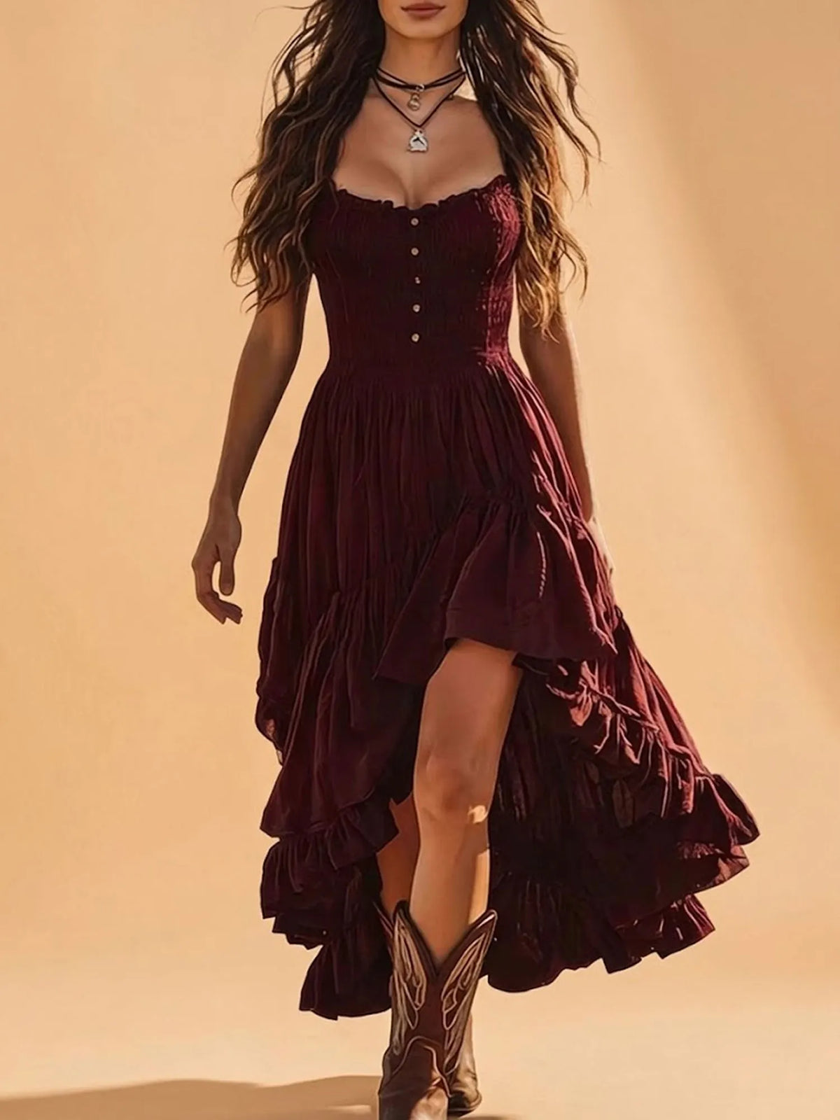 Dark Boho Aesthetic Midnight Desert Romance, Burgundy Smocked High-Low Tiered Maxi Dress