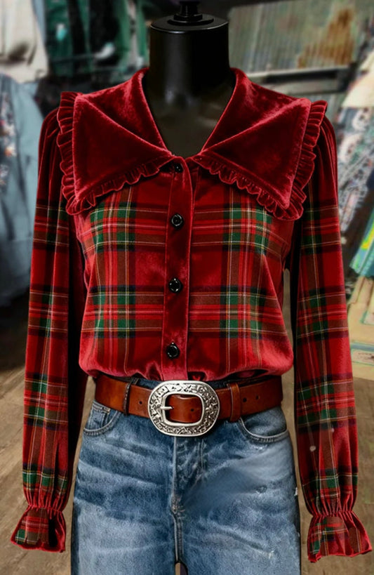 Holiday Plaid Peter Pan Collar Velvet Top