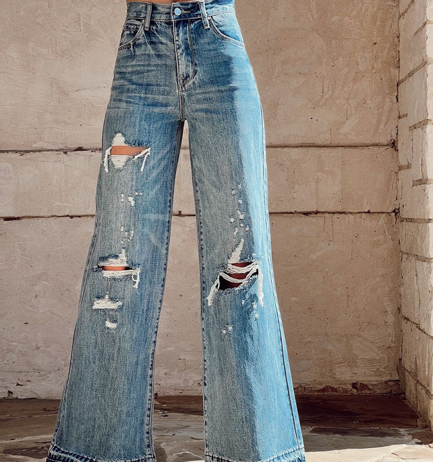Retro Washed High Waist Ripped Wide Leg Straight Leg Jeans