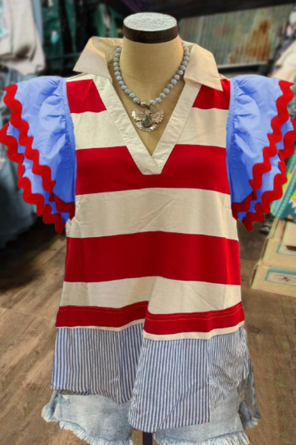 Colorful Striped Collared V-Neck Ruffle Sleeve Top