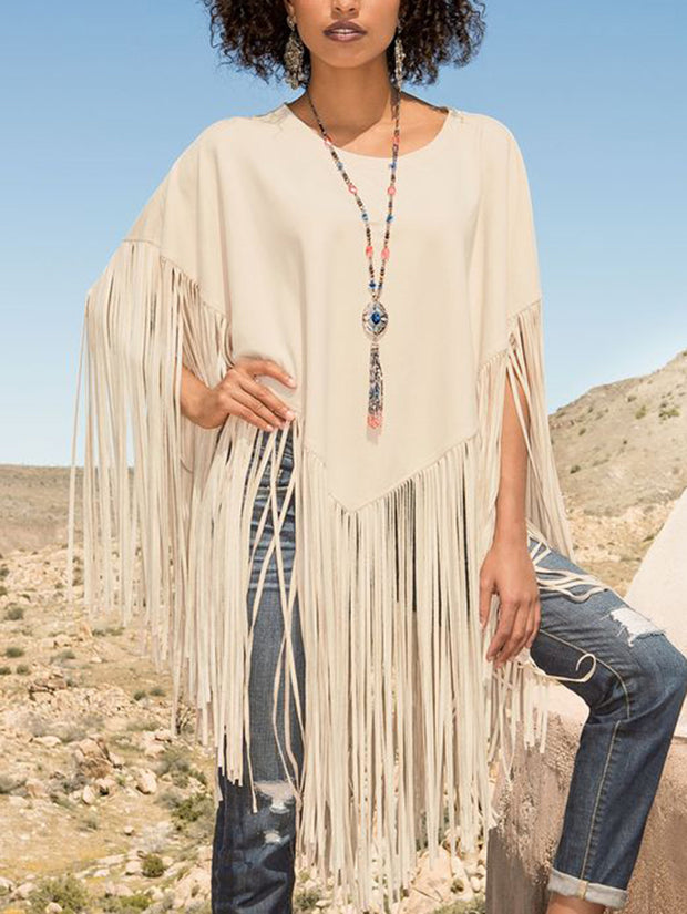 Daily Crew Neck Fringed Solid Loose Blouse