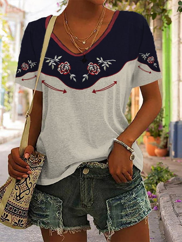 Women's Vintage Western Rose Cowboy Print V-neck T-shirt