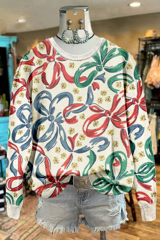 Sweet Christmas Bow Print Sweatshirt