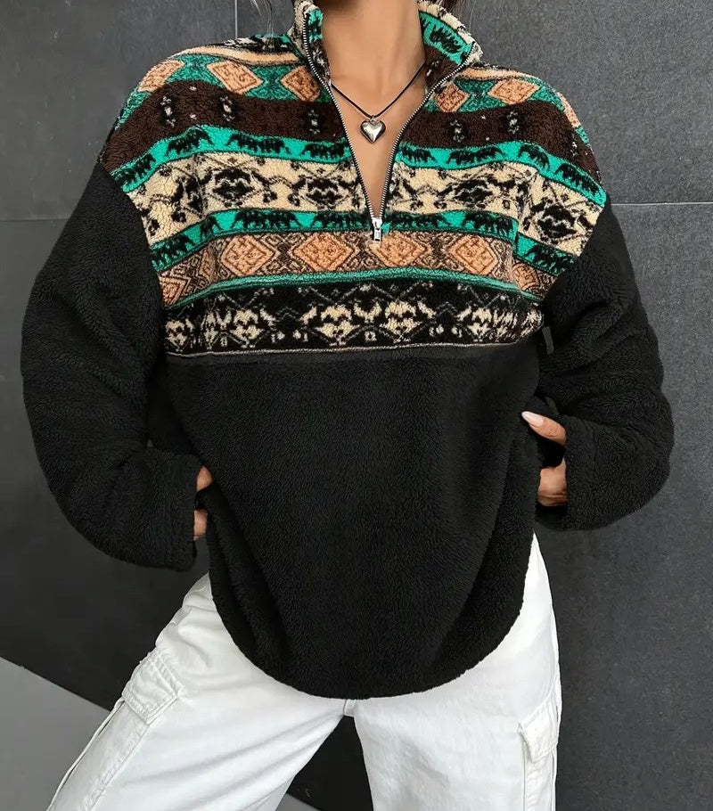 Women’s Aztec Zip Up Fuzzy Pullover Sweatshirt