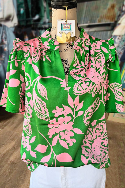 Retro Floral Print Ruffle Neck Top
