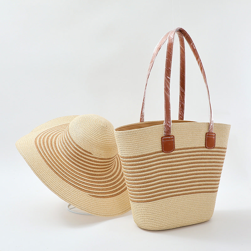 Bohemian Straw Striped Hat And Tote Bag Two-piece Set For Summer Outings