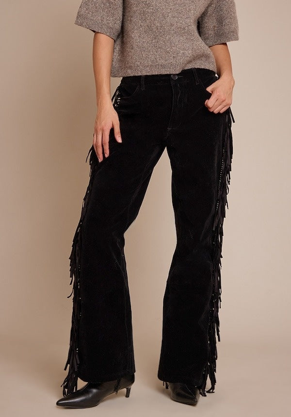Black Suede Fringed Straight-Leg Pants