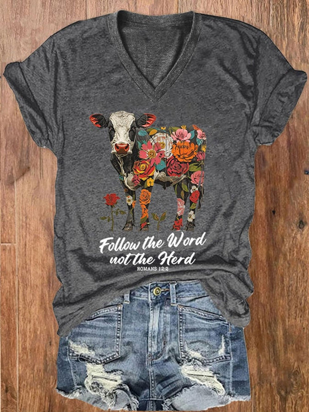 Women's Follow The Word Not The Herd Printed V-Neck T-Shirt