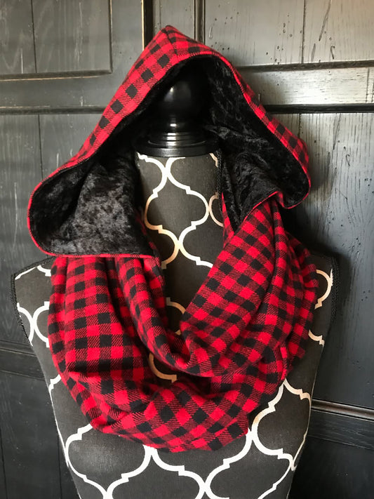 Women's Red and Black Plaid Hooded Scarf