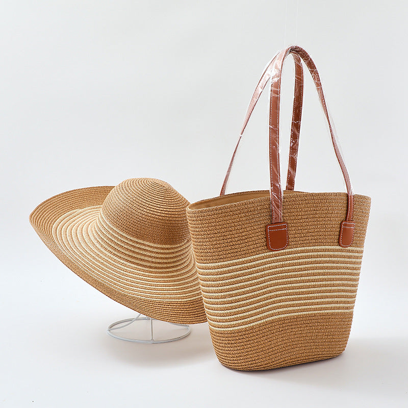 Bohemian Straw Striped Hat And Tote Bag Two-piece Set For Summer Outings