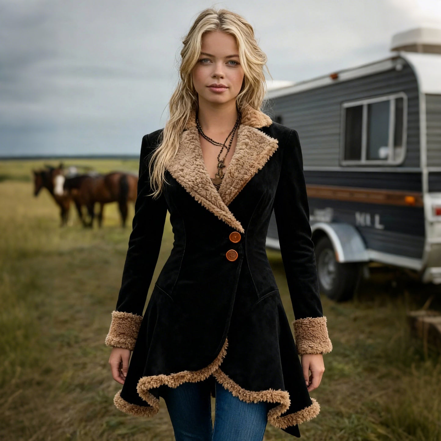 Women's Retro Curved Hem Irregular Bevel Design Lambswool Lapel Mid-Length Jacket Top