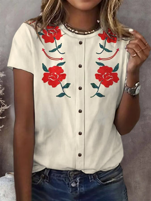 Women's Retro Western Fake Button Print Casual T-Shirt