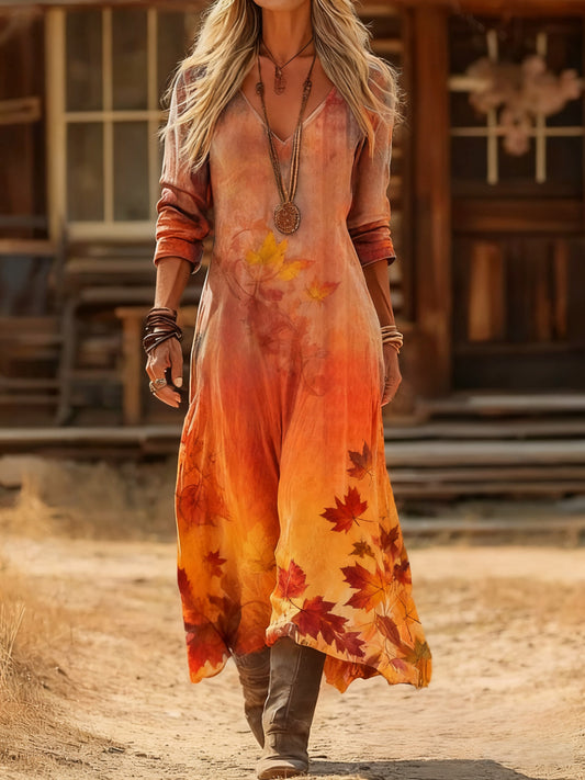 Women's Maple Leaf V-neck Long-sleeved Long Dress