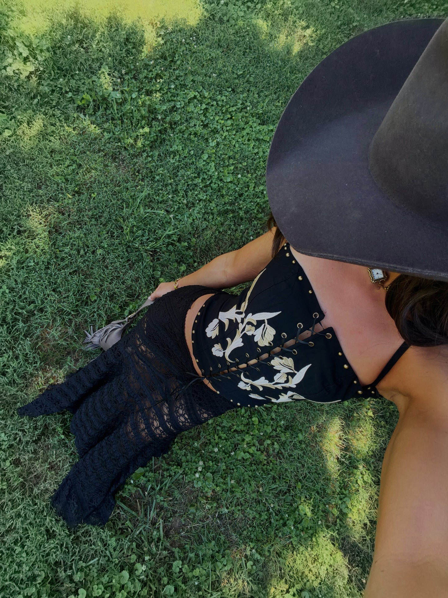 Black Embroidered Corset Top & Lace Maxi Skirt Set