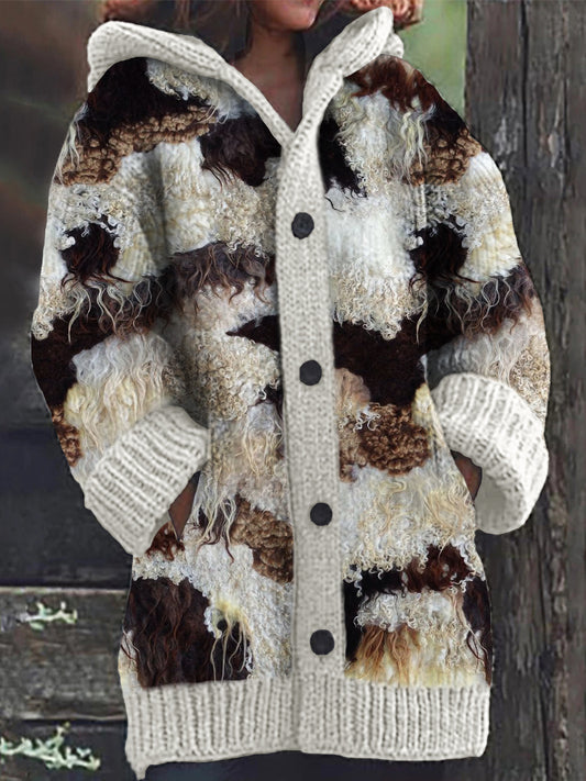 Sheep & Cowhide Patchwork Pattern Cozy Hooded Cardigan