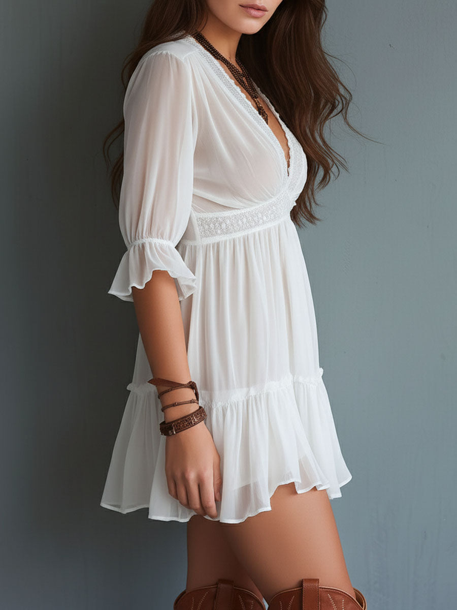 Boho White Lace-Trim Three-Quarter Sleeve Mini Dress