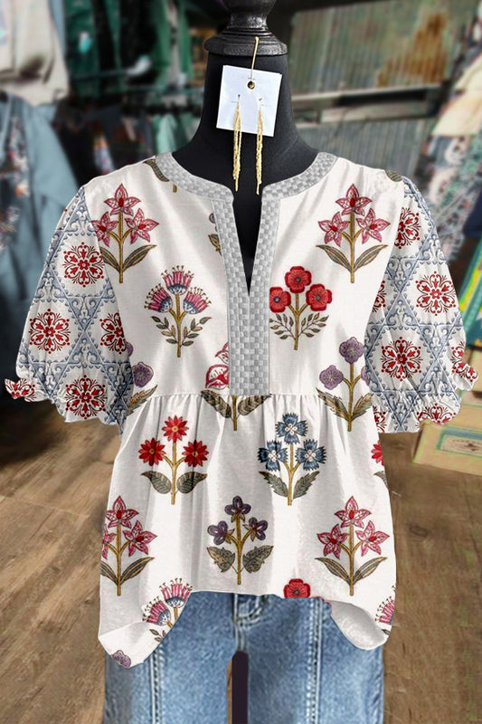 Vintgae Floral Print Puff Sleeve Top