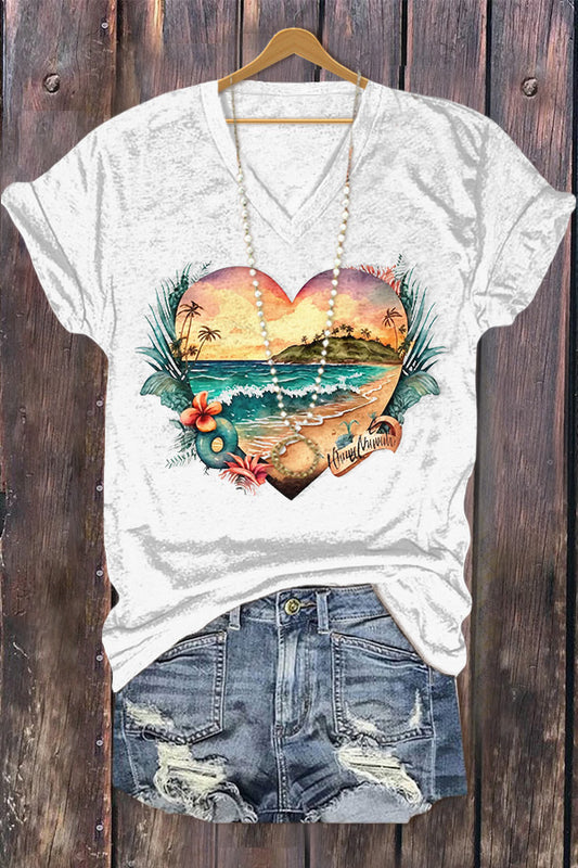Summer Beach Heart Print V-Neck T-Shirt
