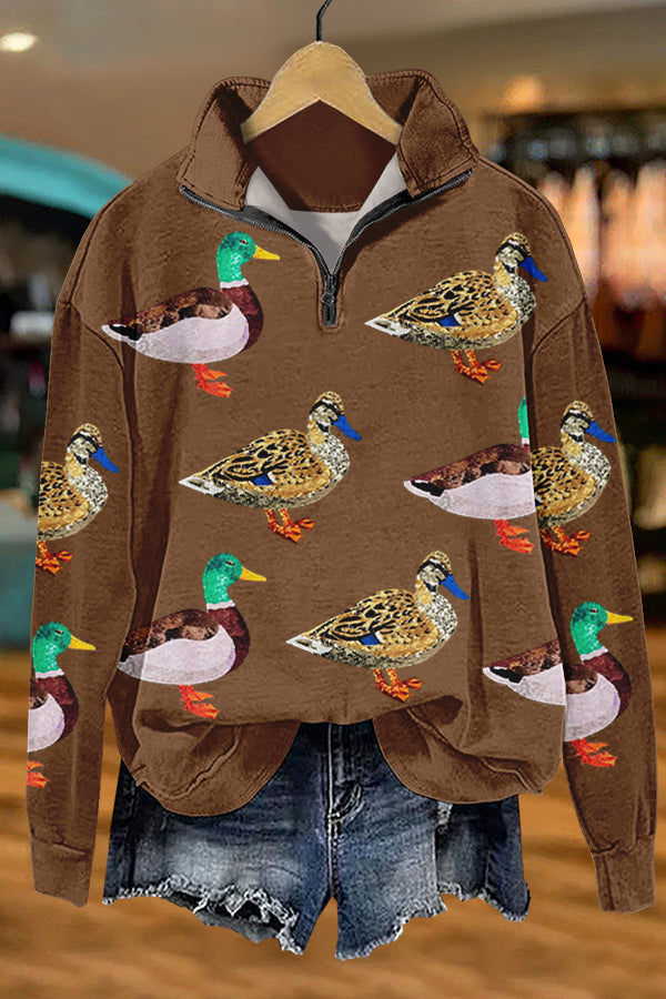 Shiny Camping Duck Print Sweatshirt