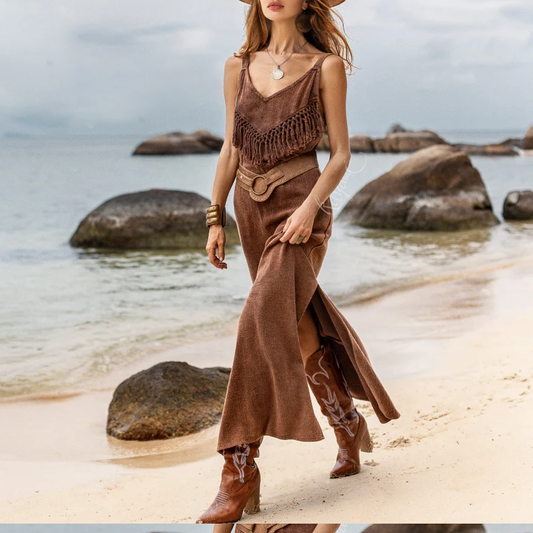 Fringe Dress Brown Boho Dress • Festive Maxi Dress • Bohemian Slip Dress with Fringe • Organic Cotton Dress • Goddess Dress