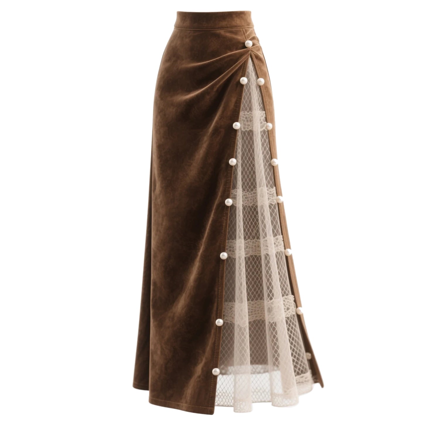 Retro Western Style Irregular Design Suede Stitching Lace Mesh Skirt Pearl Beaded Skirt