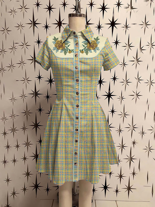 Vintage Western Flower And Plaid Printed Shirt Dress