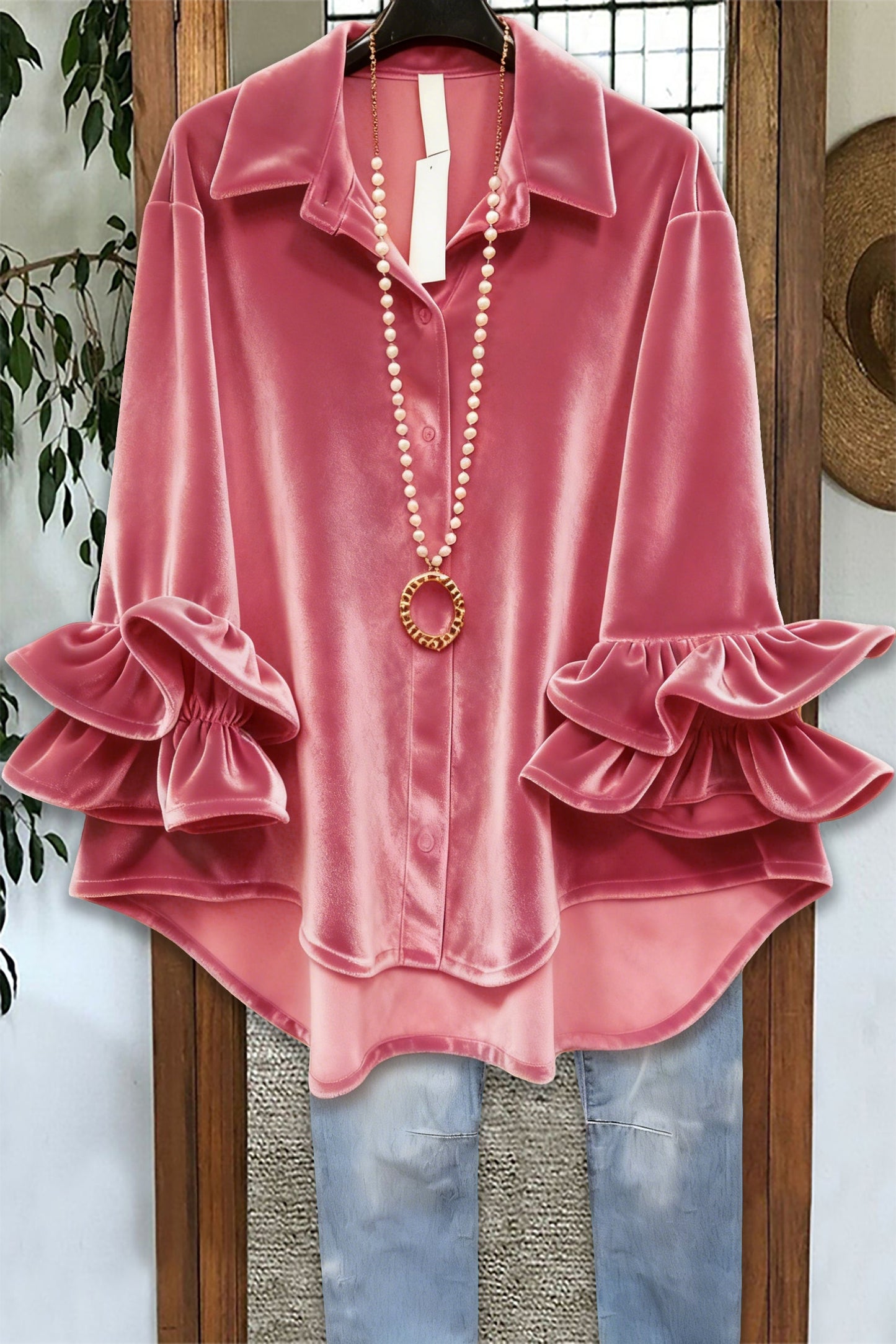 Classic Christmas Ruffle Velvet Blouse