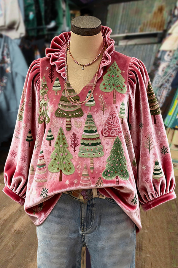 Sweet Christmas Tree Print Ruffle V-Neck Puff Sleeve Top