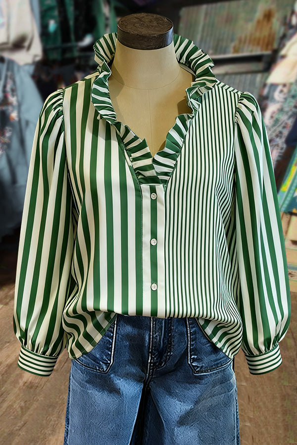 Contrast Striped Ruffle Neck Long Sleeve Blouse