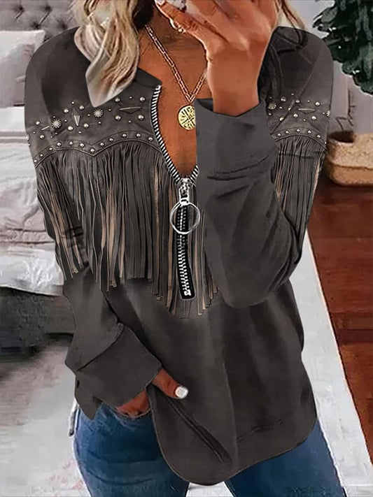 Women's Vintage Western Fringe Art Zip Up Sweatshirt